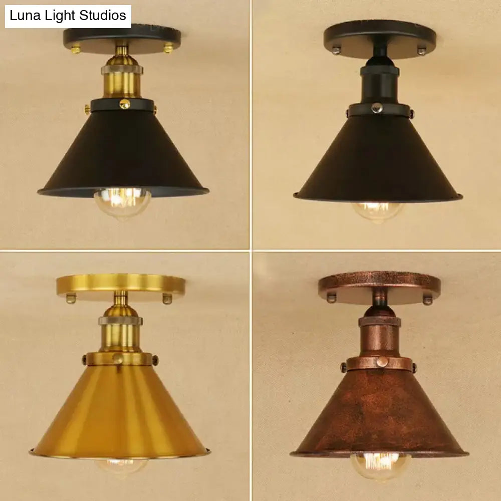 Industrial Iron Cone Shade 1 - Light Ceiling Lamp: Rust/Black/Copper Semi Mount Lighting