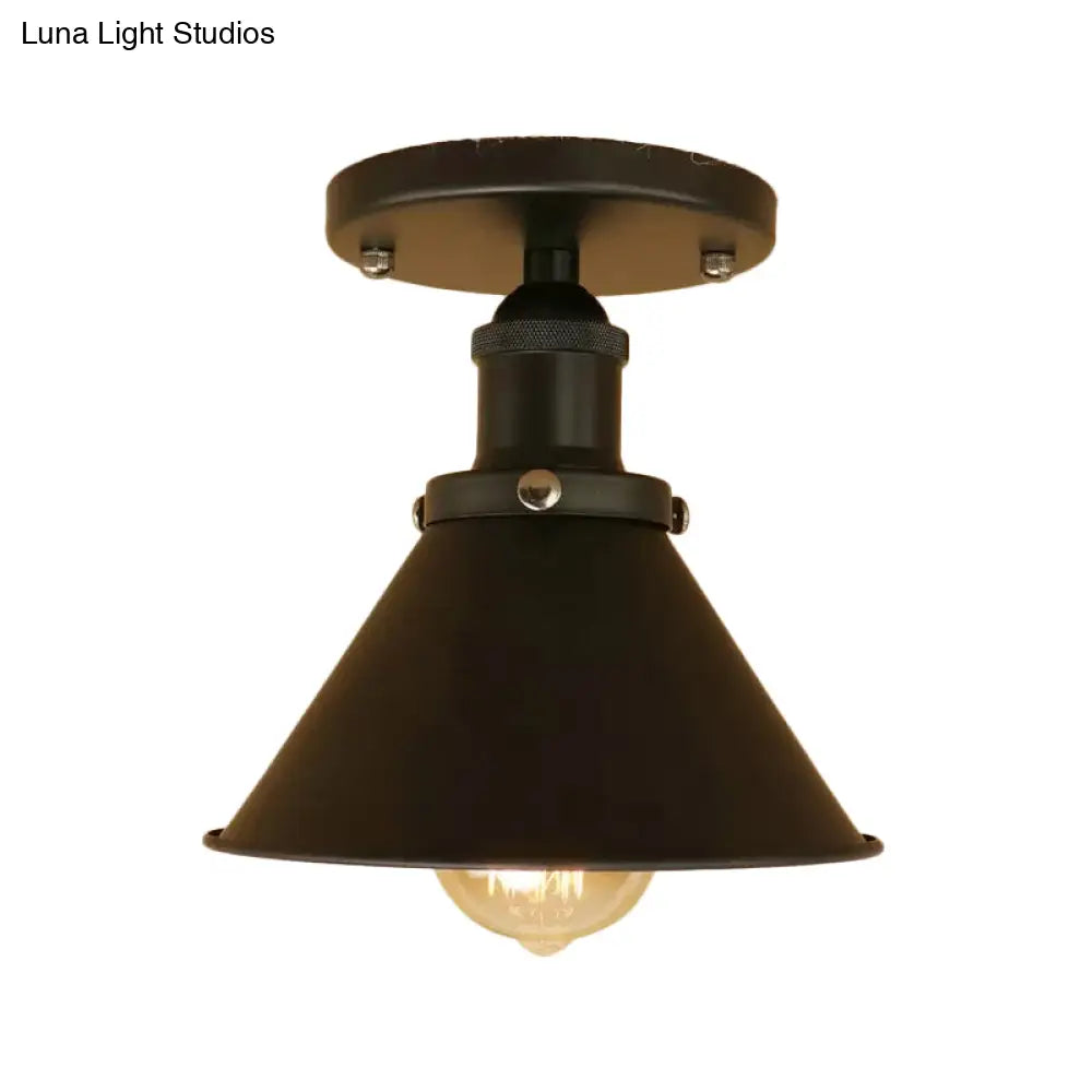 Industrial Iron Cone Shade 1 - Light Ceiling Lamp: Rust/Black/Copper Semi Mount Lighting