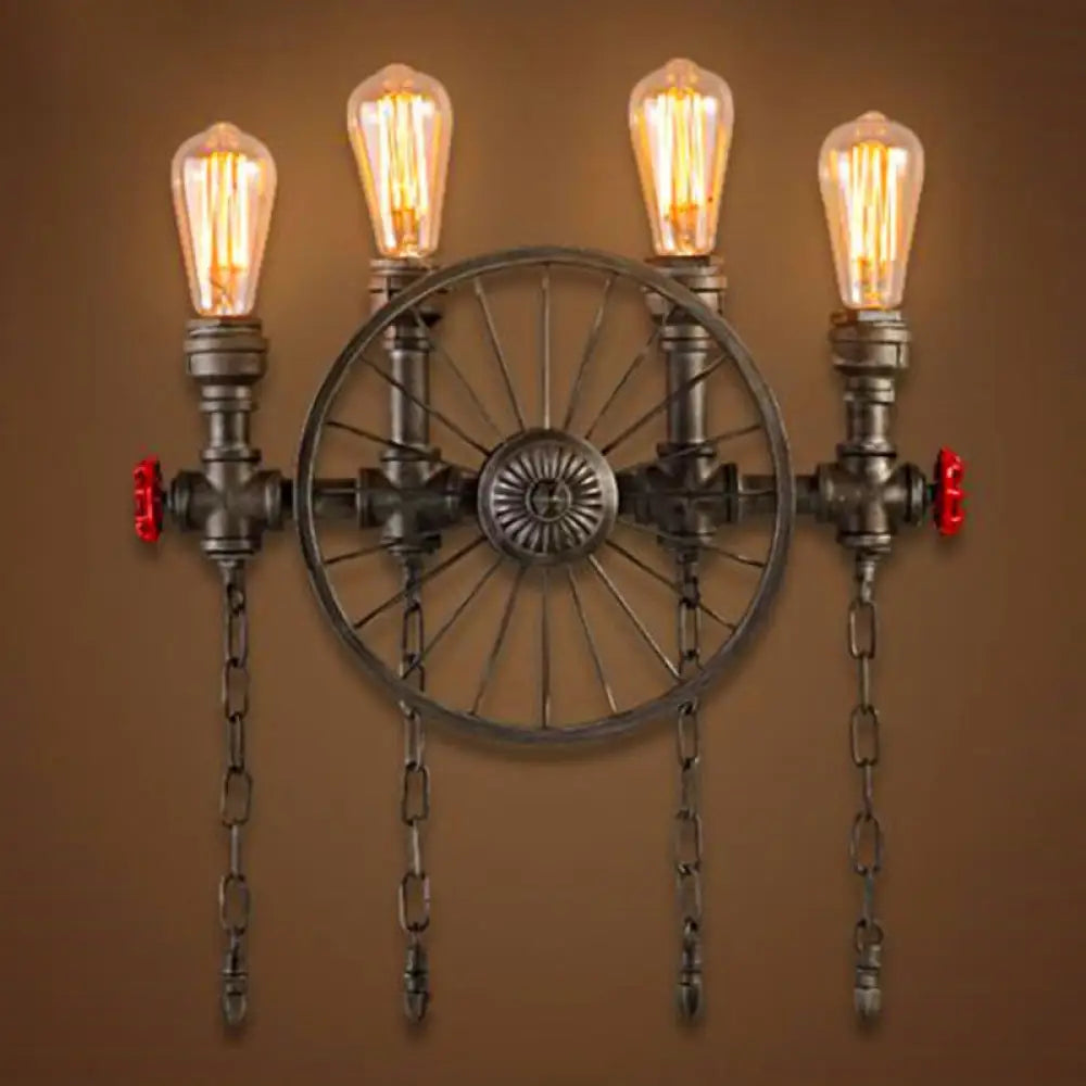 Industrial Iron Garage Sconce Lamp - Black Wheel Wall Mounted Light With Chain And Valve 4 /