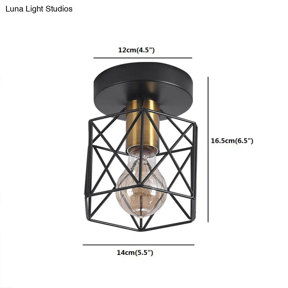 Industrial Iron Hexagonal Balcony Ceiling Light - Semi Flush Mount Fixture With 1 - Bulb