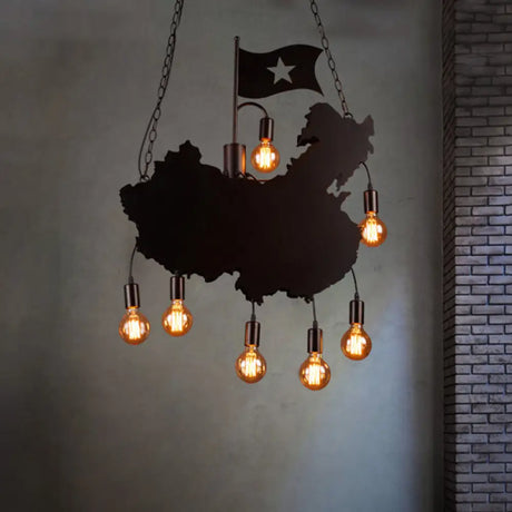Industrial Island Pendant Lamp - Iron Panel Black Hanging Light Kit 7 Bulbs Map And Flag Shape