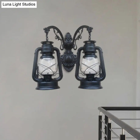 Industrial Lantern Wall Sconce Light Fixture - 2 Bulb Clear Glass Design In A Black/Bronze/Copper
