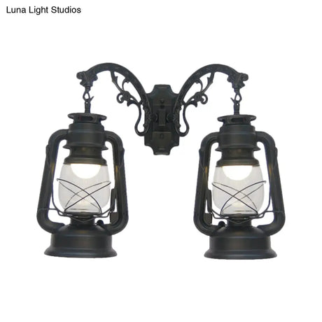 Industrial Lantern Wall Sconce Light Fixture - 2 Bulb Clear Glass Design In A Black/Bronze/Copper