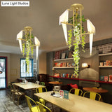 Industrial Led Geometric Ceiling Light Fixture In Gold With Metal Plant Design - Perfect For