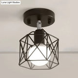 Industrial Loft Black Iron Hexagon Semi Flush Ceiling Light With Wire Guard For Kitchen