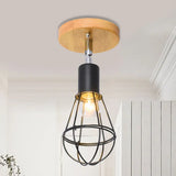 Industrial Loft Ceiling Fixture With Wire Cage And Rotatable Bulb - Black Metallic Semi-Flush Mount