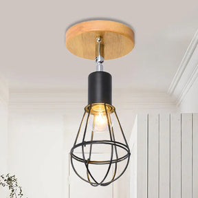 Industrial Loft Ceiling Fixture With Wire Cage And Rotatable Bulb - Black Metallic Semi-Flush Mount