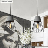 Industrial Loft Metallic Pendant Lighting - Gray/Red Tapered Design With Wire Guard Ideal For