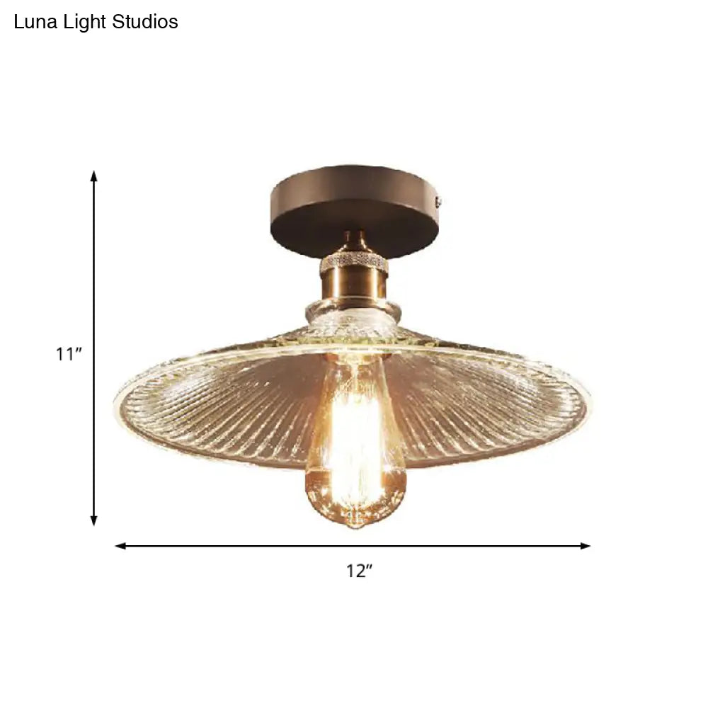 Industrial Mercury Glass Flared Semi Flush Light With Brass Ceiling Mount