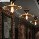 Industrial Mercury Glass Flared Semi Flush Light With Brass Ceiling Mount