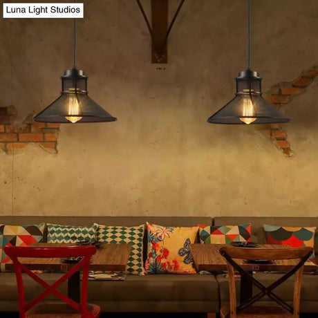 Industrial Mesh Cage Pendant Light With Cone Shade - Rust/Black Finish Ideal For Restaurants Single