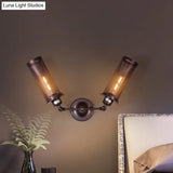 Industrial Metal 2-Light Black Cylinder Wall Sconce With Cage And Round Backplate For Bedroom