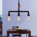 Industrial Metal 3-Head Hanging Light With Red Valve Decor - Water Pipe Restaurant Island Lamp Black