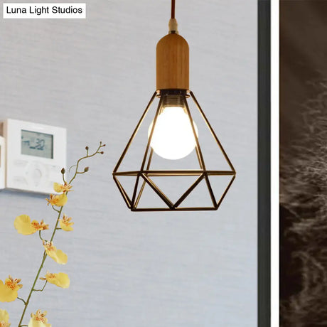 Industrial Metal And Wood Pendant Light With Cage Shade In Black - Saucer/Polygon/Diamond Shape