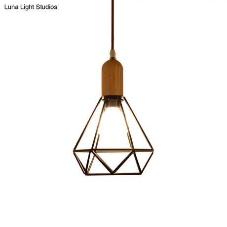 Industrial Metal And Wood Pendant Light With Cage Shade In Black - Saucer/Polygon/Diamond Shape