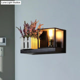 Industrial Metal Bedside Wall Sconce Light - Square Black Fixture With One