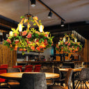 Industrial Metal Black Chandelier With 6 Bare Bulb Lights And Flower Decor - Led Pendant Lighting