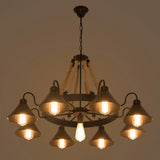 Industrial Metal Black Chandelier With Cone & Rope Design And Wagon Wheel Suspension 9 /