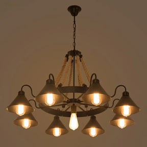 Industrial Metal Black Chandelier With Cone & Rope Design And Wagon Wheel Suspension 9 /