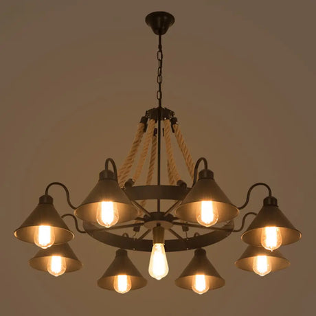 Industrial Metal Black Chandelier With Cone & Rope Design And Wagon Wheel Suspension 9 /