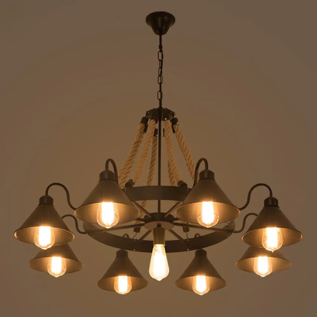 Industrial Metal Black Chandelier With Cone & Rope Design And Wagon Wheel Suspension 9 /