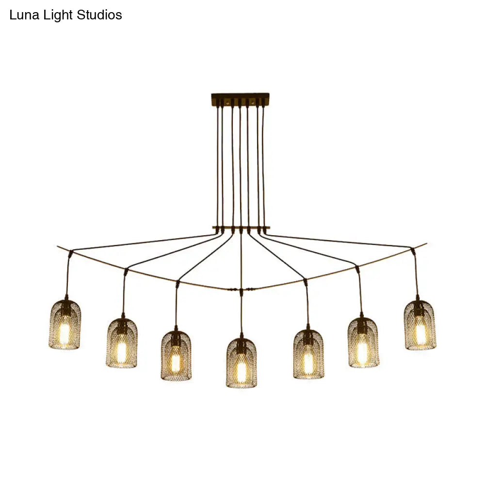 Industrial Metal Black Island Light Fixture With Mesh Bell Shades - 5/7-Head Hanging Ceiling Lamp