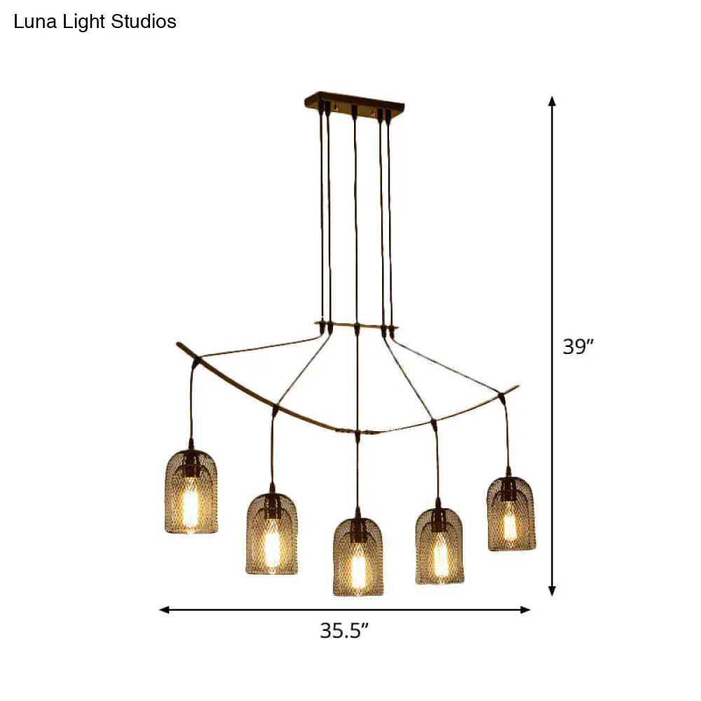 Industrial Metal Black Island Light Fixture With Mesh Bell Shades - 5/7-Head Hanging Ceiling Lamp