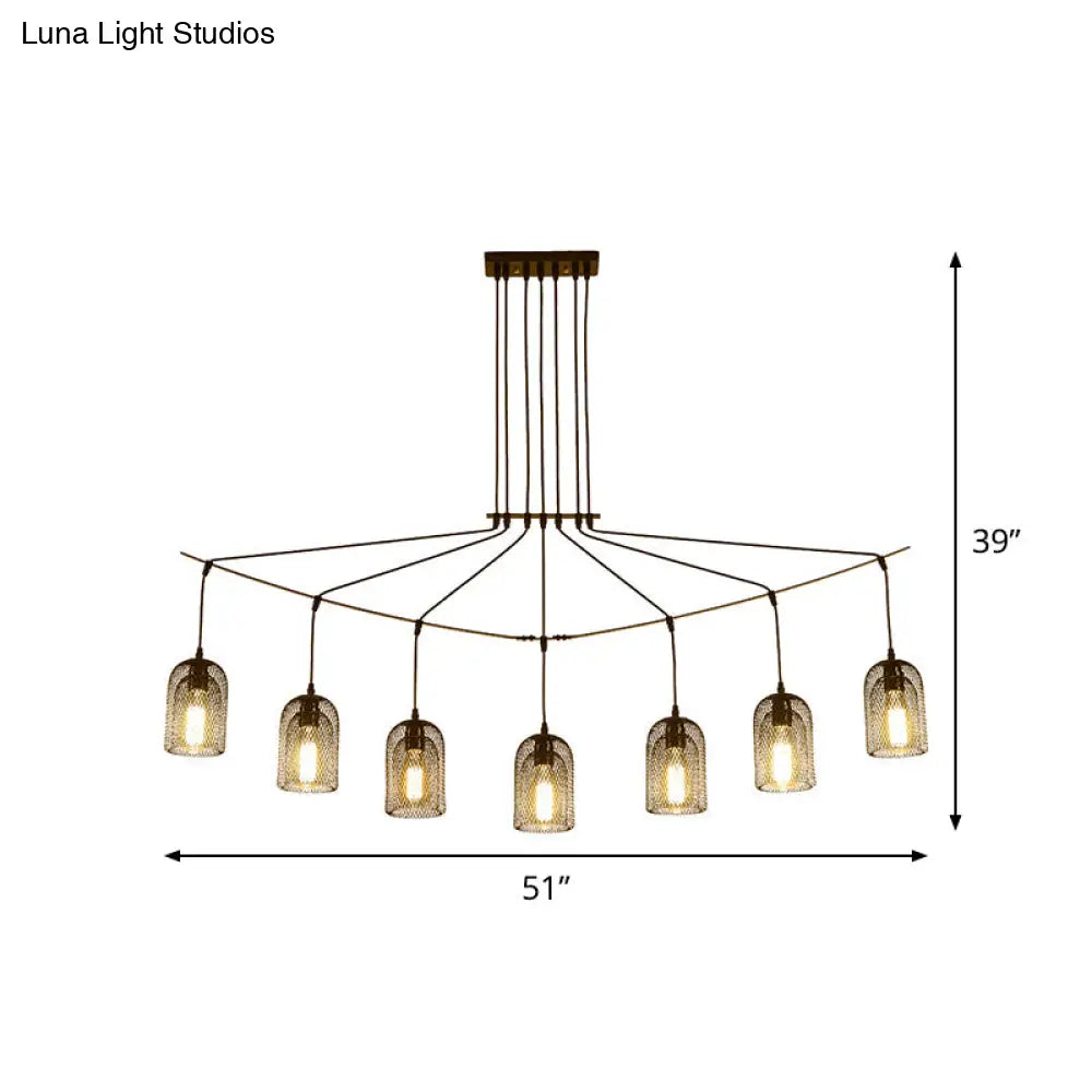 Industrial Metal Black Island Light Fixture With Mesh Bell Shades - 5/7-Head Hanging Ceiling Lamp
