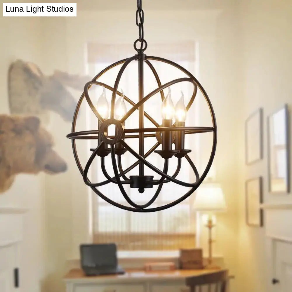 Industrial Metal Caged Pendant Chandelier With Interlinked Rings - 4 Lights For Living Room