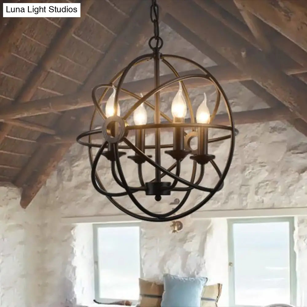 Industrial Metal Caged Pendant Chandelier With Interlinked Rings - 4 Lights For Living Room