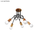 Industrial Metal Ceiling Flush Mount With Bulb 3/5 Lights Wooden Cap