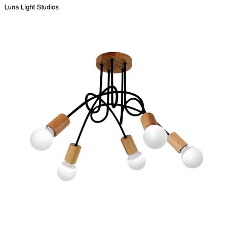 Industrial Metal Ceiling Flush Mount With Bulb 3/5 Lights Wooden Cap