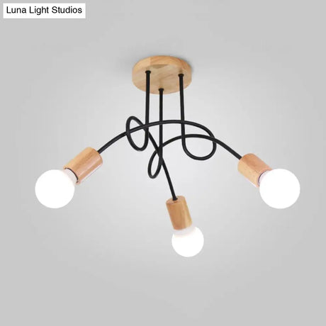 Industrial Metal Ceiling Flush Mount With Bulb 3/5 Lights Wooden Cap