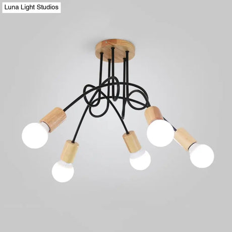 Industrial Metal Ceiling Flush Mount With Bulb 3/5 Lights Wooden Cap