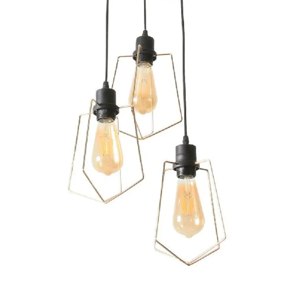 Industrial Metal Ceiling Pendant Fixture With 3 Suspended Lights - Gold Ring/Pentagon/Admix