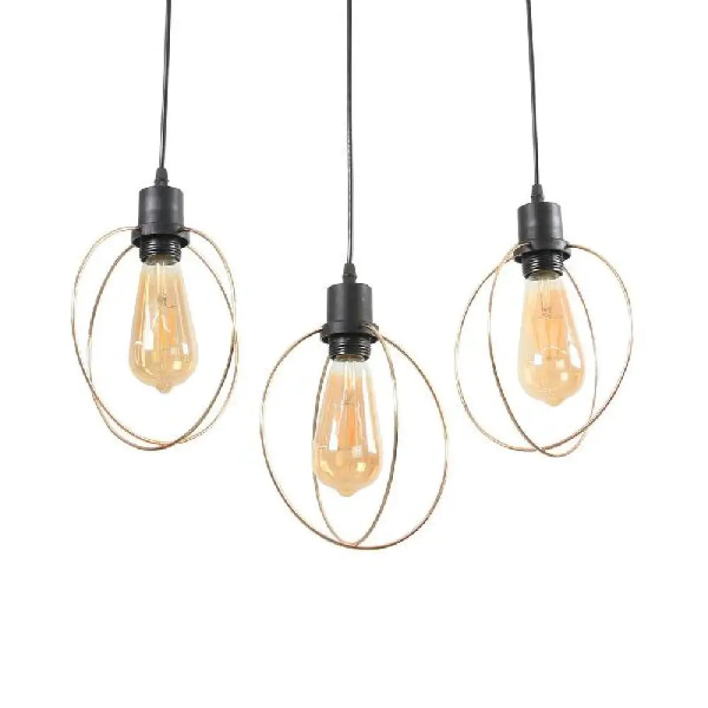 Industrial Metal Ceiling Pendant Fixture With 3 Suspended Lights - Gold Ring/Pentagon/Admix