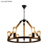 Industrial Metal Chandelier: Open Bulb 6/8-Light Rope Pendant Lamp Black With Ring Design - Dining