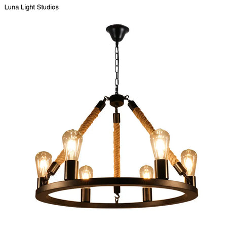 Industrial Metal Chandelier: Open Bulb 6/8-Light Rope Pendant Lamp Black With Ring Design - Dining
