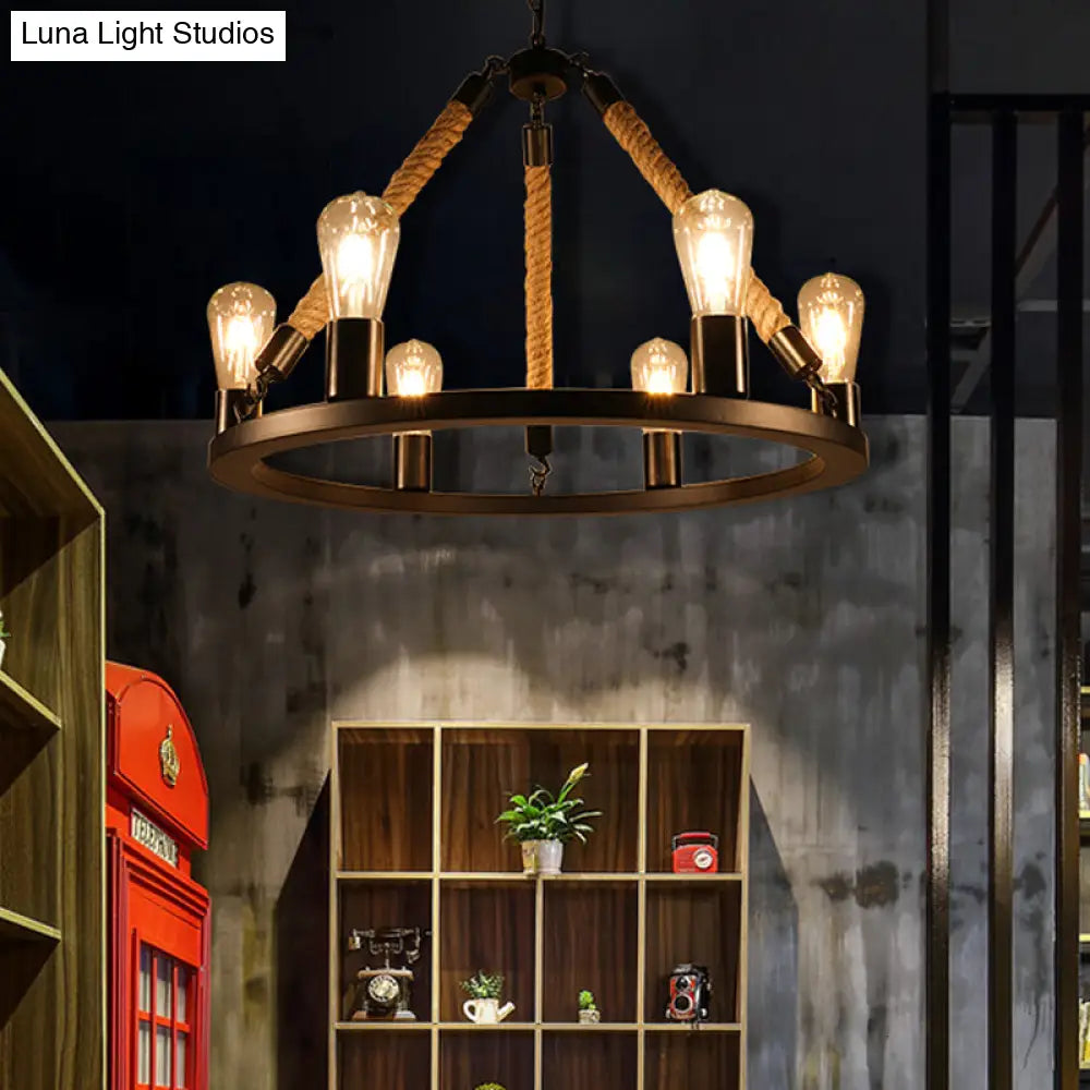 Industrial Metal Chandelier: Open Bulb 6/8-Light Rope Pendant Lamp Black With Ring Design - Dining