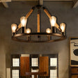 Industrial Metal Chandelier: Open Bulb 6/8-Light Rope Pendant Lamp Black With Ring Design - Dining
