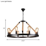 Industrial Metal Chandelier: Open Bulb 6/8-Light Rope Pendant Lamp Black With Ring Design - Dining
