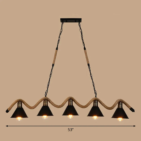 Industrial Metal Cone Island Pendant Light - Matte Black Finish With Twisted Rope Detailing 5 /