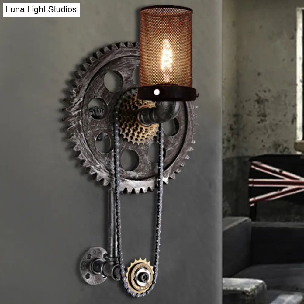 Industrial Metal Cylinder Wall Light: Vintage 1-Light Sconce Lamp With Antique Silver Finish And