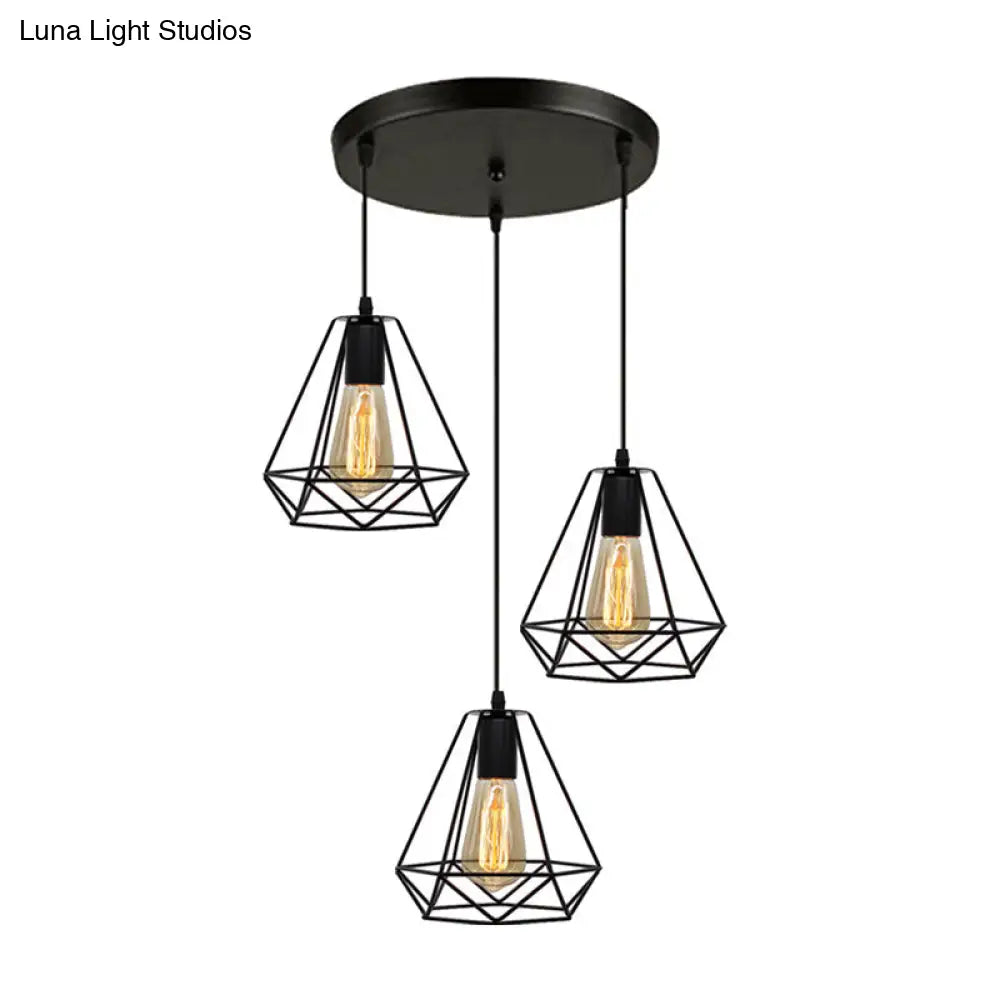 Industrial Metal Diamond Cage Pendant Light - 3 Lights Ideal For Restaurants