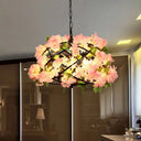 Industrial Metal Led Chandelier Light With 3 Bulbs In Pink Cherry Blossom Design
