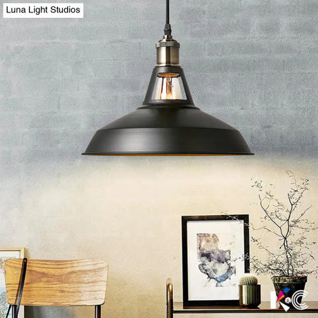Industrial Metal Pendant Lamp: Barn-Style Shade 1 Light Black/White Ceiling Fixture With Hanging