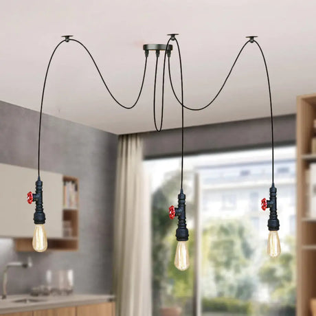 Industrial Metal Pendant Lamp With Valve And Pipe Design - Black 2/3 Lights Kitchen Ceiling Fixture