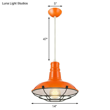 Industrial Metal Pendant Light Fixture With Wire Guard - Orange/Blue/Green Bowl Design