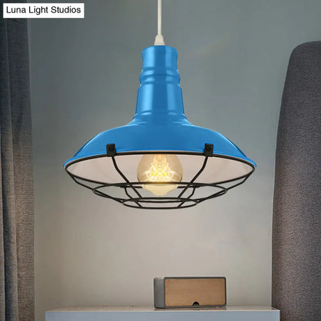 Industrial Metal Pendant Light Fixture With Wire Guard - Orange/Blue/Green Bowl Design