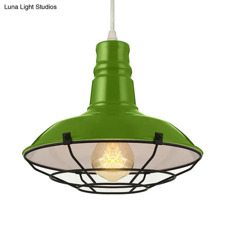 Industrial Metal Pendant Light Fixture With Wire Guard - Orange/Blue/Green Bowl Design